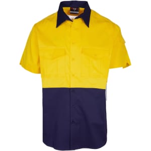A short sleeve work shirt in yellow and navy, featuring front pockets and a collar. It has a logo on the label.