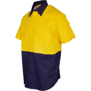 A short sleeve work shirt in yellow and navy blue with a logo, featuring multiple front pockets.
