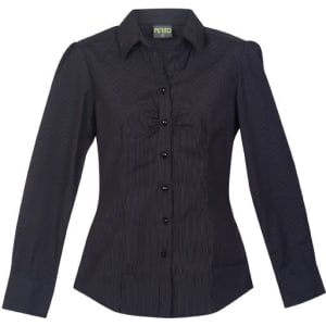 A women's button-up shirt in navy blue with a subtle stripe pattern, featuring a collared neckline and button-down front.