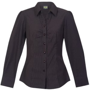 A women's button-up shirt featuring a dark striped pattern, with long sleeves and a fitted design.
