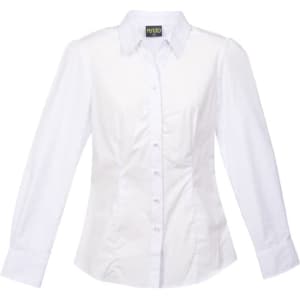 A white button-up women's shirt with a fitted silhouette and long sleeves, featuring a logo on the label.