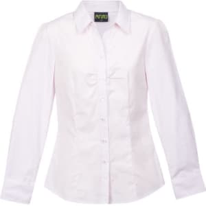 A white button-up shirt for women with long sleeves and a fitted design, featuring a logo on the collar.
