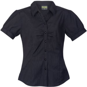 A women's urban stripe shirt in navy blue with a button-up front and short puff sleeves. It features a logo.