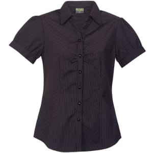 A black women's button-up shirt with short puffed sleeves and vertical stripes, featuring a button-down front.