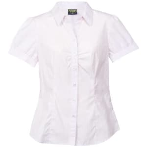 A fitted women's button-up shirt in white with short sleeves and a subtle stripe pattern, featuring a brand logo.