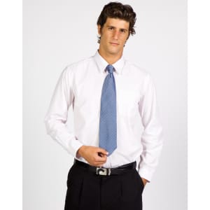 A button-up men's shirt in light pink with subtle stripes, featuring a pocket and paired with a blue patterned tie.