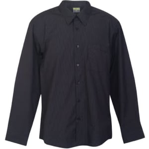 A men's black and white striped button-up shirt featuring a chest pocket and a collar. It has a logo.
