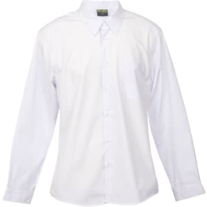 A white button-up shirt with long sleeves and a pocket, featuring a logo on the label.