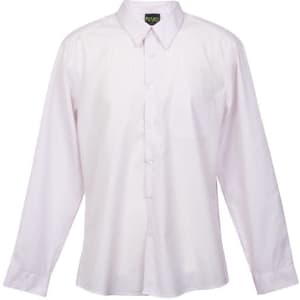 A white long-sleeve button-up shirt featuring a collar and a front pocket. The shirt has a logo tag on the collar.
