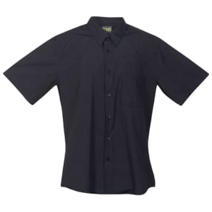 A short-sleeved button-up shirt featuring black urban stripes and a chest pocket. Includes branding.