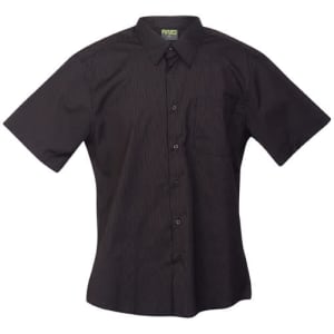 A black short-sleeved button-up shirt featuring vertical stripes and a chest pocket. It has a logo on the collar.
