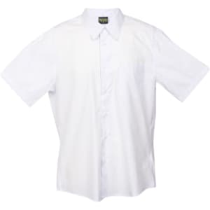 A white button-up shirt with short sleeves and a single chest pocket, featuring a logo on the tag.
