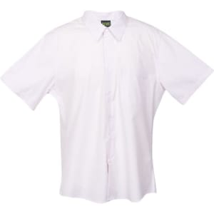 A white short-sleeve button-up shirt with a collar and a chest pocket, featuring a branding label.