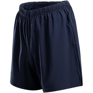 Navy men's shorts featuring a flexible material with a 4-way stretch design and an elastic waistband.