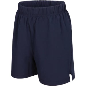 Navy blue kids' FLEX shorts featuring a comfortable elastic waistband and a four-way stretch design.