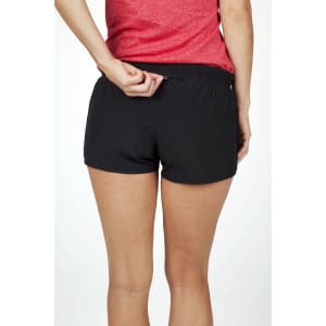 Black women's FLEX shorts featuring a 4-way stretch design, with an elastic waistband and a small pocket detail.