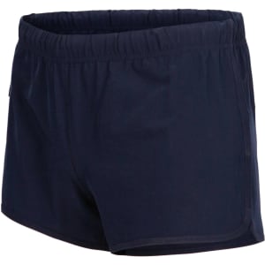Womens' FLEX shorts in navy, featuring a four-way stretch design and an elastic waistband. Includes a logo.