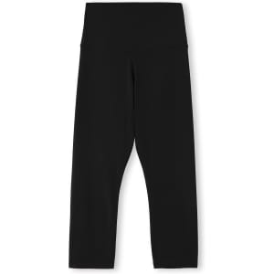A pair of women's high-rise 3/4 leggings in black with a smooth waistband and no visible branding.