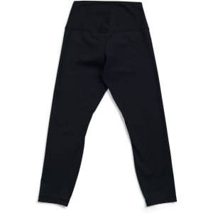 Black high-rise full-length leggings with a fitted design and a waistband, featuring a branding logo.