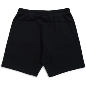 Black men's cotton sandwich shorts with an elastic waistband, featuring a branding logo.
