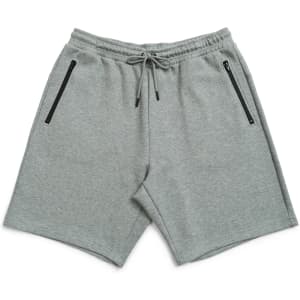 Men's cotton dress shorts in grey with zippered pockets and an elastic waistband. The product also features branding.