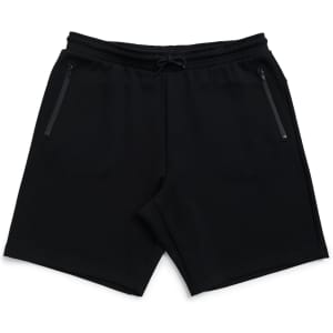 Men's cotton shorts in black, featuring an elastic waistband and zippered pockets. The shorts have a sleek, minimal design.