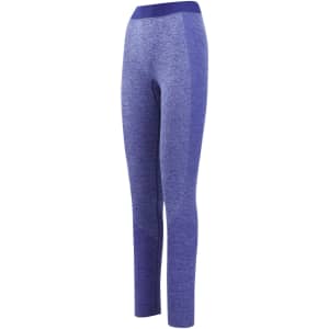 A pair of seamless leggings in a vibrant blue colour with a contrasting waistband. Features a logo on the waistband.