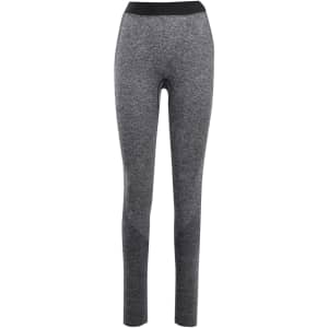 A pair of seamless leggings in shades of grey with a black waistband and a logo.