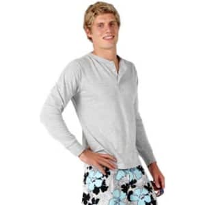 A light grey long-sleeve men's t-shirt with a buttoned neckline, paired with patterned shorts.