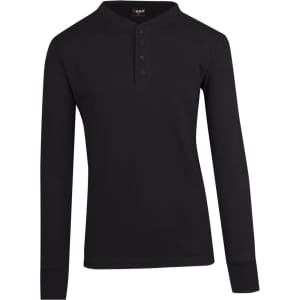 A black long-sleeve T-shirt with a henley collar and button detailing, featuring a logo.