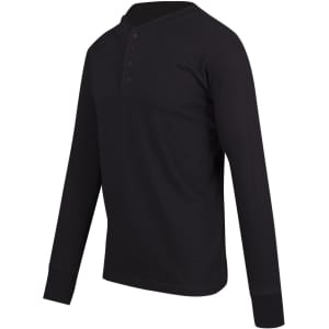 A black long-sleeve t-shirt featuring a henley neck and button detail. It has a subtle logo.