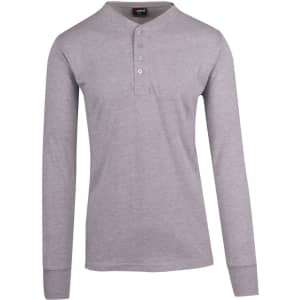 A grey long-sleeve Henley T-shirt featuring a buttoned placket and a logo.