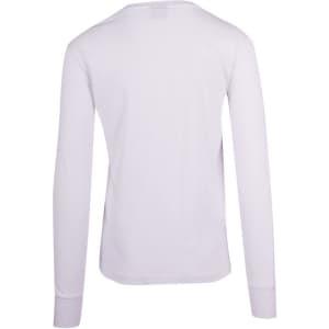 A white long-sleeve T-shirt with a simple design and a logo on the back.