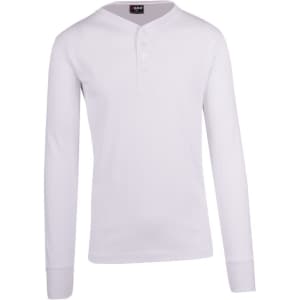 A white long-sleeve men's t-shirt featuring a henley neck and a logo on the label.