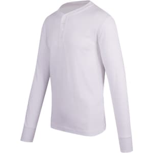 A long-sleeve men's T-shirt in white with a buttoned henley neckline and a logo.