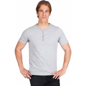 A grey men's Hanley T-shirt with short sleeves and a buttoned neckline, worn by a model standing confidently.