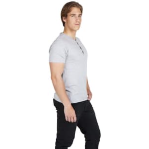 A grey Men's Hanley T-shirt is featured on a model, paired with black trousers, showcasing a modern fit.