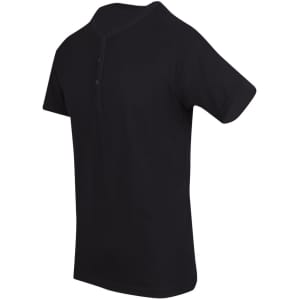 A black Men's Hanley T-shirt with short sleeves and a buttoned neck design, featuring a logo.