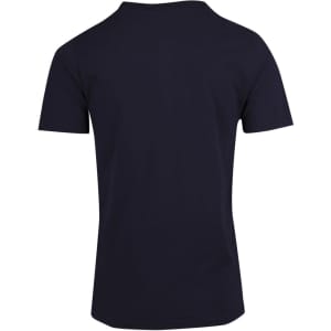 A navy blue men's t-shirt with short sleeves and a crew neck, featuring a logo on the back.
