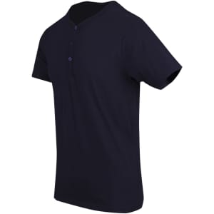 A navy blue Men's Hanley T-shirt with short sleeves and a buttoned neckline, featuring a brand logo.