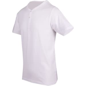 A white Men's Hanley T-shirt with a henley neckline and short sleeves, featuring a logo on the front.