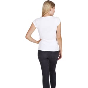 A white women's t-shirt with a fitted design, featuring short cap sleeves and a smooth back view.