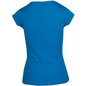 A blue women's t-shirt with short sleeves, featuring a fitted style and a plain back. It has a branding logo.