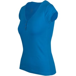 A blue women's t-shirt with a V-neckline and short sleeves, featuring a button detail at the front.