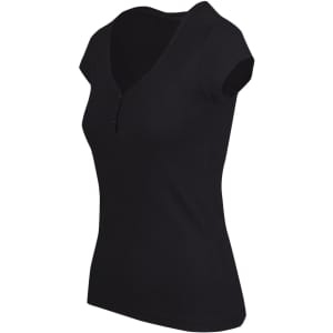 A black women's Hanley T-shirt with short sleeves and a V-neck design, featuring a small button detail.