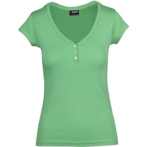 A green women's t-shirt featuring short sleeves and a v-neck with button detailing. It includes a brand logo.
