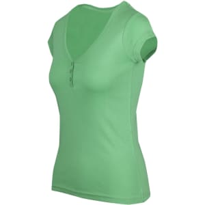 A green women's Hanley T-shirt with a V-neck and short sleeves, featuring a button detail at the neckline.