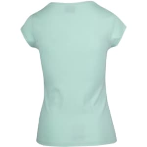 A mint green women's t-shirt with short sleeves and a fitted design, featuring a logo on the back.