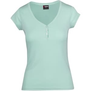 A women's short-sleeve T-shirt in mint green with a V-neck and button detail. It features a logo on the label.