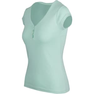 A mint green women's Hanley T-shirt with short sleeves and a V-neckline, featuring button details.